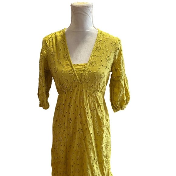 Babydoll Y2K Embroidered Maxi Yellow Dress Puff Sleeves Fairy Cottagecore Sz M - Picture 4 of 14